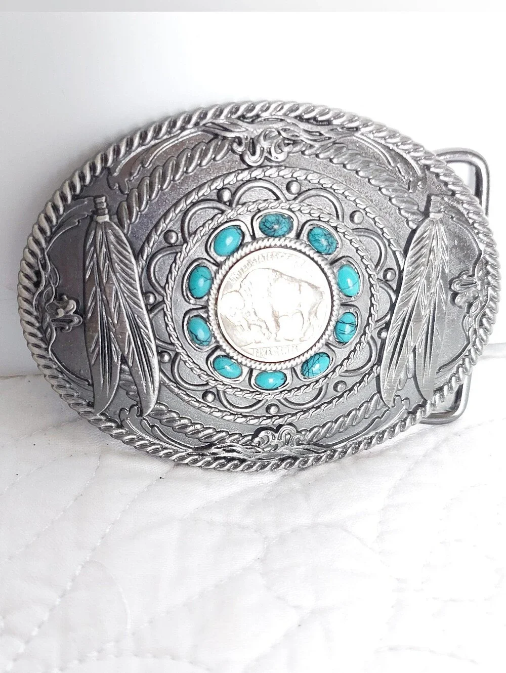 Southwestern Feather Buffalo Nickel Coin with Faux Turquoise Stone Belt Buckle